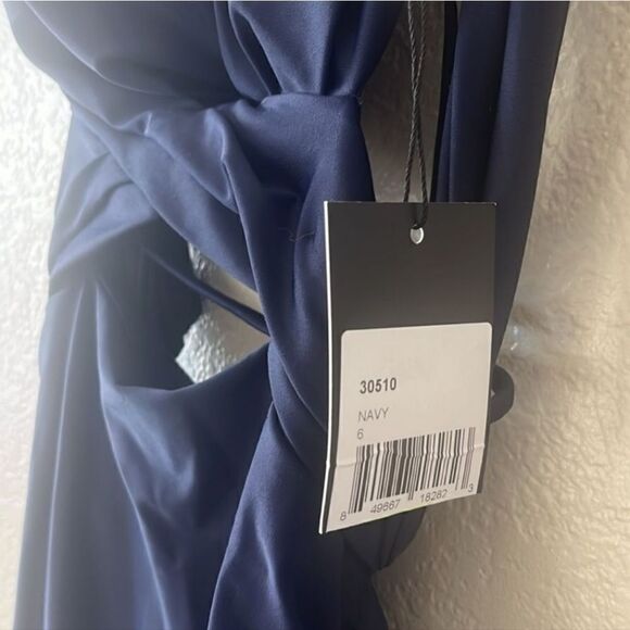 La Femme Cutout Jersey Gown Navy Cheeky Mermaid Maxi Dress Prom Gala Tie Up - Picture 7 of 8